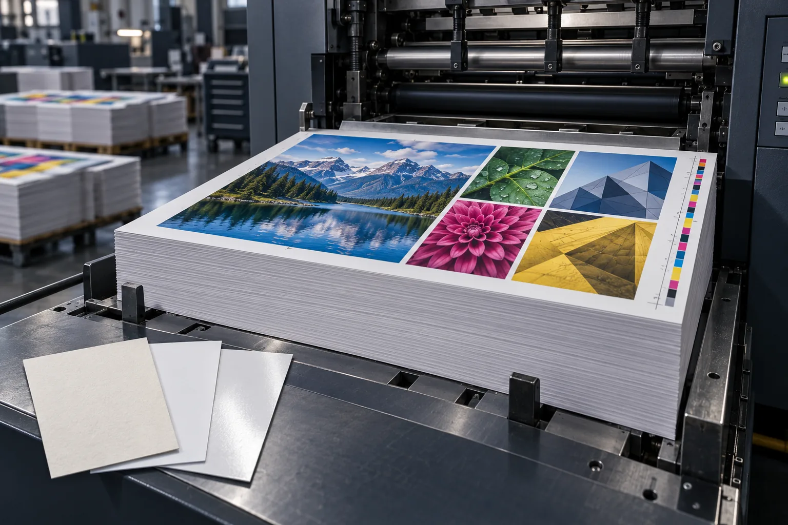 Offset-printed sheets with a colour-control strip and samples of different paper finishes